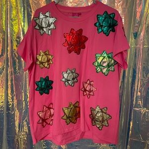 QUEEN OF SPARKLES Pink Top with Multicolor gift bow Embellishments
